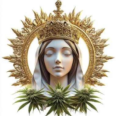 isolated 3d logo on white background of female saint wearing ornate golden crown with halo with weed plant on top
