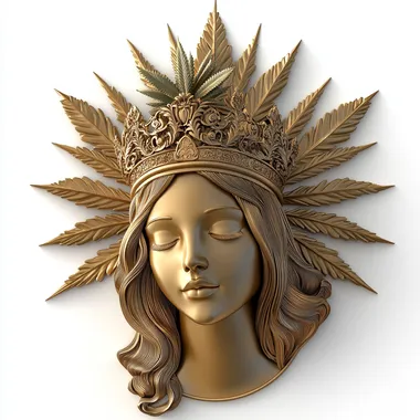 isolated 3d logo on white background of female saint wearing ornate golden crown with halo with weed plant on top