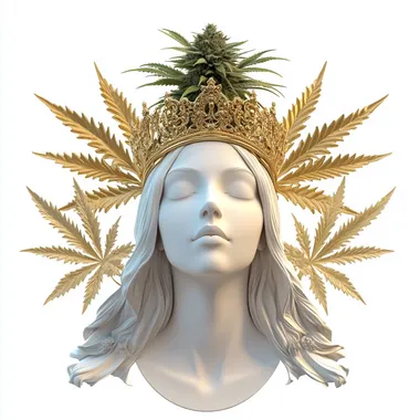 isolated 3d logo on white background of female saint wearing ornate golden crown with halo with weed plant on top