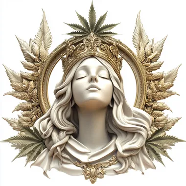 isolated 3d logo on white background of female saint wearing ornate golden crown with halo with weed plant on top
