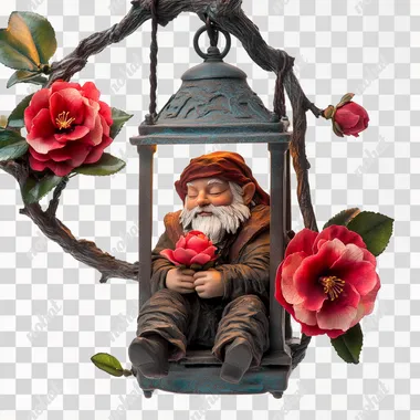 Dwarf in lantern on camellia flower, white background, full body photo in fantasy art style, highly detailed and realistic, with 3D effect and ultra high quality, ultra detailed features.
