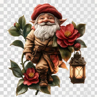 Dwarf in lantern on camellia flower, white background, full body photo in fantasy art style, highly detailed and realistic, with 3D effect and ultra high quality, ultra detailed features.