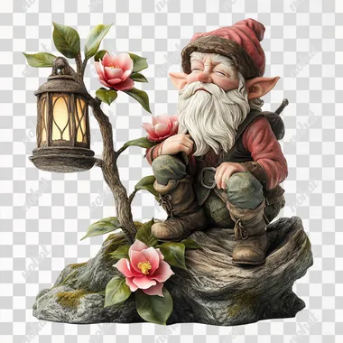 Dwarf in lantern on camellia flower, white background, full body photo in fantasy art style, highly detailed and realistic, with 3D effect and ultra high quality, ultra detailed features.