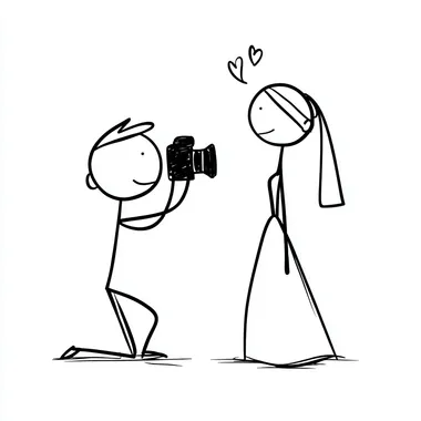 kneeling female photographer stick figure taking pictures of bride and groom stick figure, simple black line