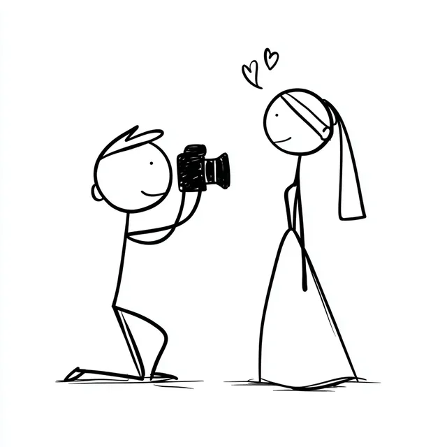 Stick Figure Photographer Capturing Bride and Groom