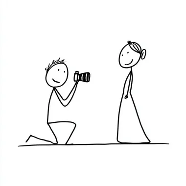 kneeling female photographer stick figure taking pictures of bride and groom stick figure, simple black line