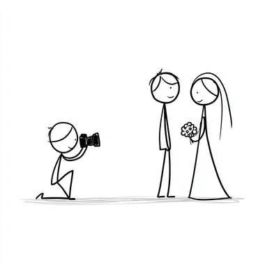 kneeling female photographer stick figure taking pictures of bride and groom stick figure, simple black line