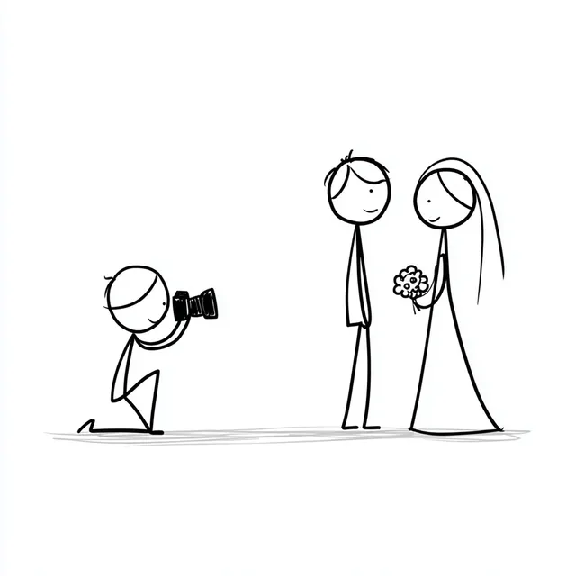 Stick Figure Photographer Capturing Bride and Groom