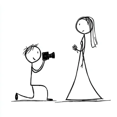 kneeling female photographer stick figure taking pictures of bride and groom stick figure, simple black line