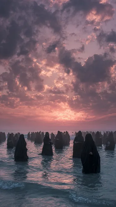 around 50 Iranian women in plain black chadors mourning at the shoreline they stand in shallow water, rhythmically striking their heads and chests in a traditional ritual the sea is gently waving, water moving around their legs the women are scattered and loosely grouped, emotionally expressive a sorrowful sunset is clearly visible on the horizon the sky is filled with dramatic, torn, and vibrant clouds clouds glow in soft layers of peach, dusty rose, mauve, deep lilac, and soft blue, matching dreamy cinematic palette strong contrast between the glowing clouds and dark silhouettes of the mourners cinematic composition, emotional realism, photorealistic style