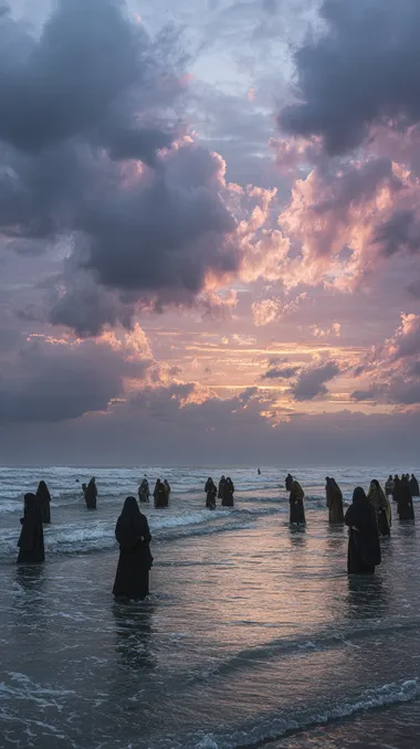 around 50 Iranian women in plain black chadors mourning at the shoreline they stand in shallow water, rhythmically striking their heads and chests in a traditional ritual the sea is gently waving, water moving around their legs the women are scattered and loosely grouped, emotionally expressive a sorrowful sunset is clearly visible on the horizon the sky is filled with dramatic, torn, and vibrant clouds clouds glow in soft layers of peach, dusty rose, mauve, deep lilac, and soft blue, matching dreamy cinematic palette strong contrast between the glowing clouds and dark silhouettes of the mourners cinematic composition, emotional realism, photorealistic style