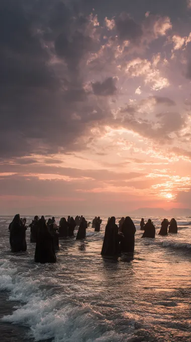 around 50 Iranian women in plain black chadors mourning at the shoreline they stand in shallow water, rhythmically striking their heads and chests in a traditional ritual the sea is gently waving, water moving around their legs the women are scattered and loosely grouped, emotionally expressive a sorrowful sunset is clearly visible on the horizon the sky is filled with dramatic, torn, and vibrant clouds clouds glow in soft layers of peach, dusty rose, mauve, deep lilac, and soft blue, matching dreamy cinematic palette strong contrast between the glowing clouds and dark silhouettes of the mourners cinematic composition, emotional realism, photorealistic style