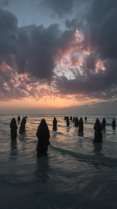 around 50 Iranian women in plain black chadors mourning at the shoreline they stand in shallow water, rhythmically striking their heads and chests in a traditional ritual the sea is gently waving, water moving around their legs the women are scattered and loosely grouped, emotionally expressive a sorrowful sunset is clearly visible on the horizon the sky is filled with dramatic, torn, and vibrant clouds clouds glow in soft layers of peach, dusty rose, mauve, deep lilac, and soft blue, matching dreamy cinematic palette strong contrast between the glowing clouds and dark silhouettes of the mourners cinematic composition, emotional realism, photorealistic style