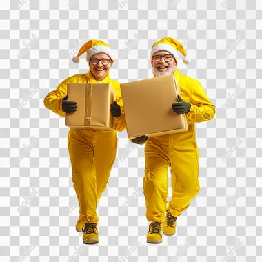 two hyper-realistic adult logistic workers dressed as Christmas elves dressed in bright yellow outfits, working together to carry a logistics package. Each elf is holding one side of the box, showing teamwork and cheerful expressions. The background is pure white, keeping the focus solely on the elves and the package, with high detail and realism