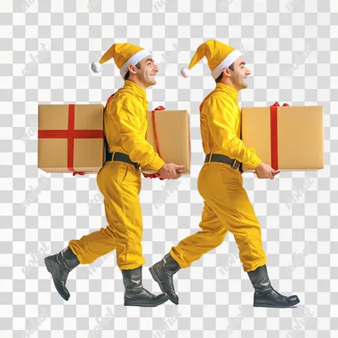 two hyper-realistic adult logistic workers dressed as Christmas elves dressed in bright yellow outfits, working together to carry a logistics package. Each elf is holding one side of the box, showing teamwork and cheerful expressions. The background is pure white, keeping the focus solely on the elves and the package, with high detail and realism