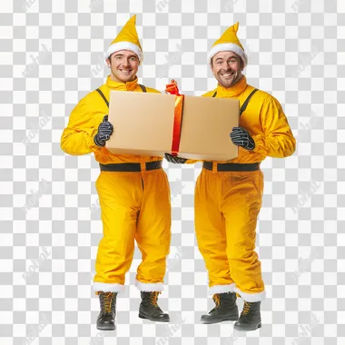 two hyper-realistic adult logistic workers dressed as Christmas elves dressed in bright yellow outfits, working together to carry a logistics package. Each elf is holding one side of the box, showing teamwork and cheerful expressions. The background is pure white, keeping the focus solely on the elves and the package, with high detail and realism