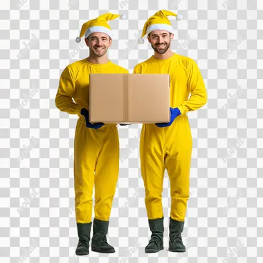two hyper-realistic adult logistic workers dressed as Christmas elves dressed in bright yellow outfits, working together to carry a logistics package. Each elf is holding one side of the box, showing teamwork and cheerful expressions. The background is pure white, keeping the focus solely on the elves and the package, with high detail and realism