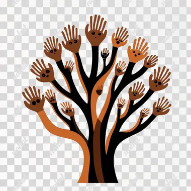 A stylized tree with brown branches and foliage in various shades of brown, the branches have little hands looking up to the sky. The tree is set against a white background.[Digital illustration, logo design],[Inspired by the work of Saul Bass],[minimalist, flat design, bold colors, high contrast, black background]