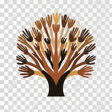 A stylized tree with brown branches and foliage in various shades of brown, the branches have little hands looking up to the sky. The tree is set against a white background.[Digital illustration, logo design],[Inspired by the work of Saul Bass],[minimalist, flat design, bold colors, high contrast, black background]