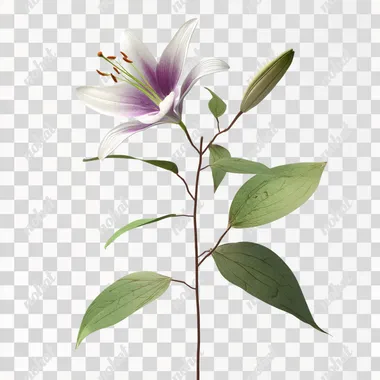 Create a large single healthy and beautiful highly photo realistic PNG white lily with light subtle lavender coloring on the petals on a white background similar to the lily on the referenced image. Include 4 leaves. Use the angle of someone looking directly into the lily head-on with the lily wide open. Emphasize the lily flower as the largest element.  rofile d69trto