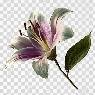 Create a large single healthy and beautiful highly photo realistic PNG white lily with light subtle lavender coloring on the petals on a white background similar to the lily on the referenced image. Include 4 leaves. Use the angle of someone looking directly into the lily head-on with the lily wide open. Emphasize the lily flower as the largest element.  rofile d69trto