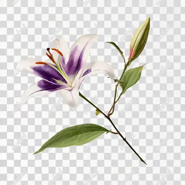 Create a large single healthy and beautiful highly photo realistic PNG white lily with light subtle lavender coloring on the petals on a white background similar to the lily on the referenced image. Include 4 leaves. Use the angle of someone looking directly into the lily head-on with the lily wide open. Emphasize the lily flower as the largest element.  rofile d69trto