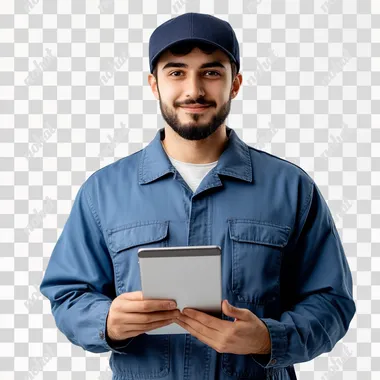 Image of a man with a dark blue cap and light blue clothes, with an iPad in his hand, he is a gas delivery man, white background, studio photo