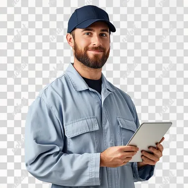 Image of a man with a dark blue cap and light blue clothes, with an iPad in his hand, he is a gas delivery man, white background, studio photo