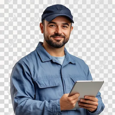 Image of a man with a dark blue cap and light blue clothes, with an iPad in his hand, he is a gas delivery man, white background, studio photo