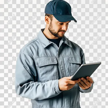 Image of a man with a dark blue cap and light blue clothes, with an iPad in his hand, he is a gas delivery man, white background, studio photo