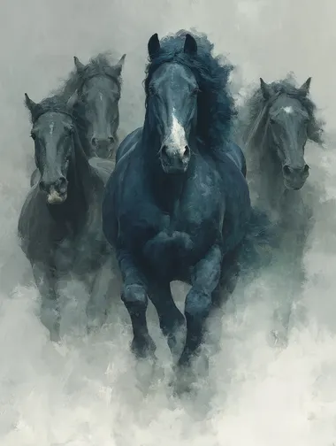 A dark silhouette of a herd of black horses running through a smoky mist, with one electric blue horse in the center. Viewed from a diagonal perspective, motion and power emphasized. The blue mane glows faintly, adding a surreal touch. Charcoal and digital mixed media.