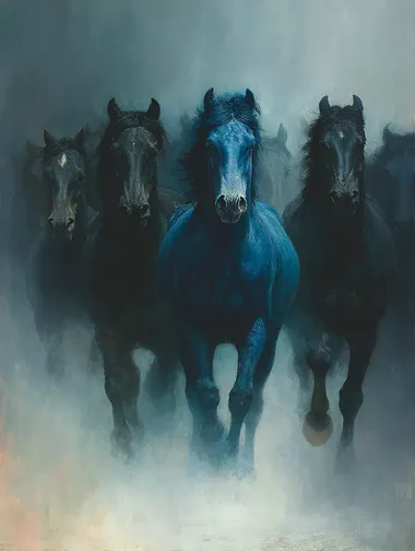A dark silhouette of a herd of black horses running through a smoky mist, with one electric blue horse in the center. Viewed from a diagonal perspective, motion and power emphasized. The blue mane glows faintly, adding a surreal touch. Charcoal and digital mixed media.