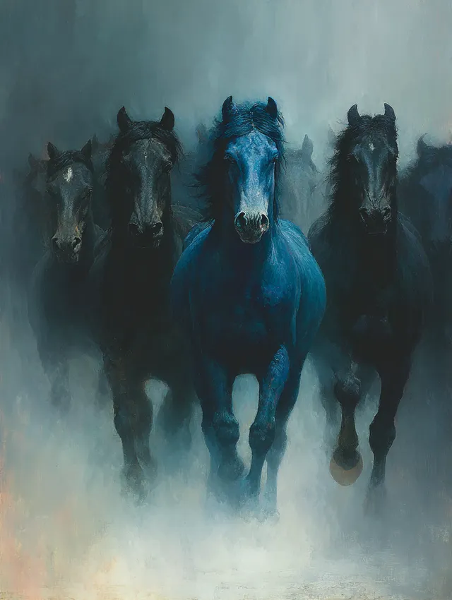 Majestic Blue Stallion Amongst Dark Horses in Mist
