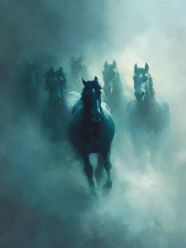 Mystical Blue Horse Among a Silhouette Herd