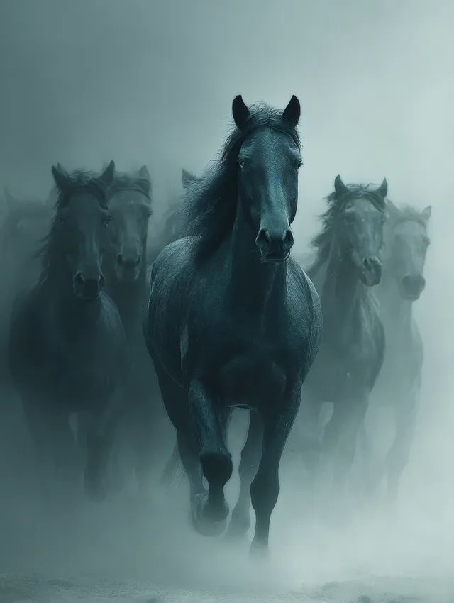 Electric Blue Horse Amidst a Dark Herd in Mist