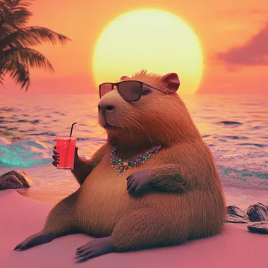 Generate a 3D illustration of a relaxed capybara lounging on the beach. The scene should have a vibrant color scheme with warm tones, featuring a bright sun setting in the background, soft ocean waves, and a sandy beach. The capybara should be wearing stylish sunglasses and a fancy necklace while holding a tropical drink, conveying a laid-back summer vibe.