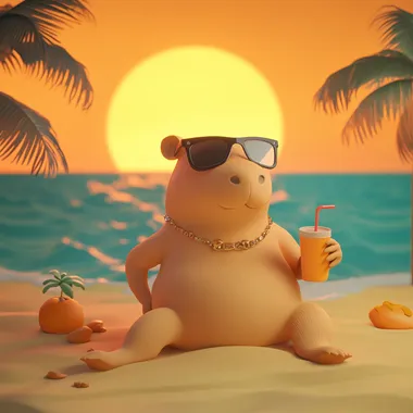 Generate a 3D illustration of a relaxed capybara lounging on the beach. The scene should have a vibrant color scheme with warm tones, featuring a bright sun setting in the background, soft ocean waves, and a sandy beach. The capybara should be wearing stylish sunglasses and a fancy necklace while holding a tropical drink, conveying a laid-back summer vibe.