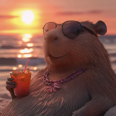 Generate a 3D illustration of a relaxed capybara lounging on the beach. The scene should have a vibrant color scheme with warm tones, featuring a bright sun setting in the background, soft ocean waves, and a sandy beach. The capybara should be wearing stylish sunglasses and a fancy necklace while holding a tropical drink, conveying a laid-back summer vibe.