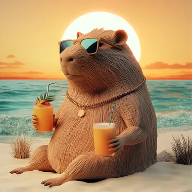 Generate a 3D illustration of a relaxed capybara lounging on the beach. The scene should have a vibrant color scheme with warm tones, featuring a bright sun setting in the background, soft ocean waves, and a sandy beach. The capybara should be wearing stylish sunglasses and a fancy necklace while holding a tropical drink, conveying a laid-back summer vibe.