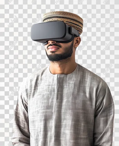 A young Arab Gulf Omani man wearing a dishdasha and an Omani, wearing VR glasses on his eyes, isolated on white background
