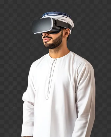 A young Arab Gulf Omani man wearing a dishdasha and an Omani, wearing VR glasses on his eyes, isolated on white background