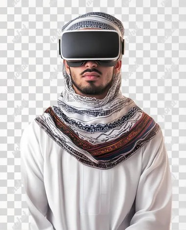 A young Arab Gulf Omani man wearing a dishdasha and an Omani, wearing VR glasses on his eyes, isolated on white background