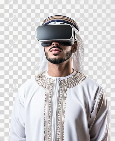 A young Arab Gulf Omani man wearing a dishdasha and an Omani, wearing VR glasses on his eyes, isolated on white background