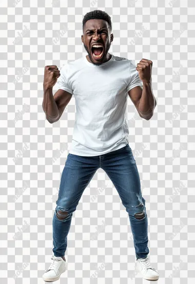 Full body shot an African man in casual clothes shouts at camera, shows his teeth and holds fingers in tight fists. Aggression and attacking. Negative reaction. Shouting man, isolated on white background.