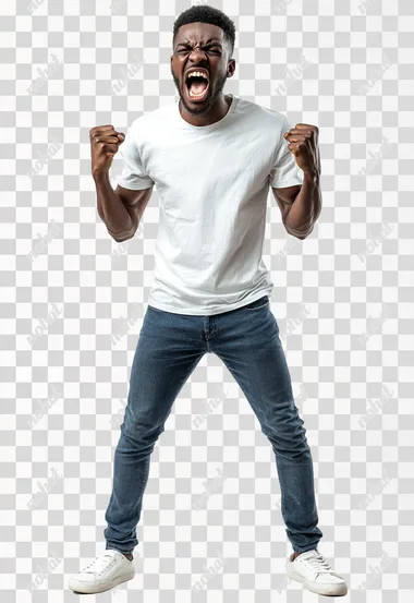 Full body shot an African man in casual clothes shouts at camera, shows his teeth and holds fingers in tight fists. Aggression and attacking. Negative reaction. Shouting man, isolated on white background.