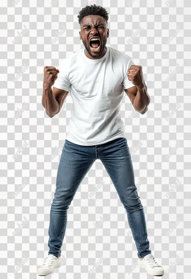 Full body shot an African man in casual clothes shouts at camera, shows his teeth and holds fingers in tight fists. Aggression and attacking. Negative reaction. Shouting man, isolated on white background.