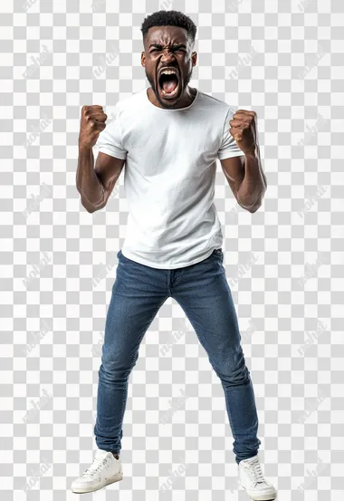 Full body shot an African man in casual clothes shouts at camera, shows his teeth and holds fingers in tight fists. Aggression and attacking. Negative reaction. Shouting man, isolated on white background.