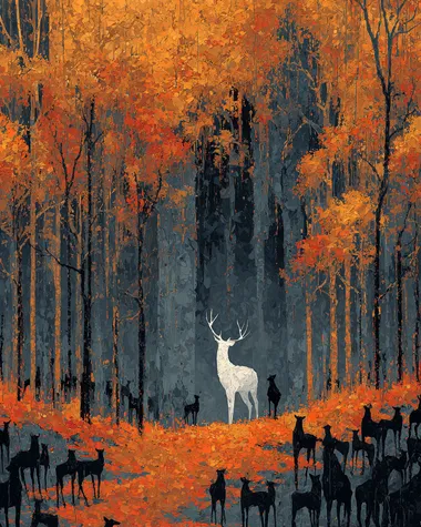 Thousands of black silhouettes of deer standing among dense autumn trees, with a bright white deer at the heart of the scene. The ground is covered in fallen leaves, rich in orange and gold tones. Textured brush strokes, expressive, painterly style.