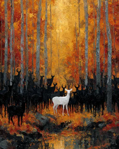 Thousands of black silhouettes of deer standing among dense autumn trees, with a bright white deer at the heart of the scene. The ground is covered in fallen leaves, rich in orange and gold tones. Textured brush strokes, expressive, painterly style.
