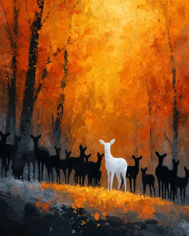 Thousands of black silhouettes of deer standing among dense autumn trees, with a bright white deer at the heart of the scene. The ground is covered in fallen leaves, rich in orange and gold tones. Textured brush strokes, expressive, painterly style.